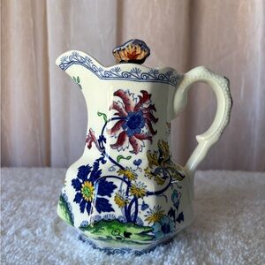 Vintage Enoch Wedgewood Pitcher in the “Old Canton” Pattern-Butterfly on Lid